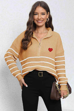 Heartwarming Mock Neck Striped Half Zip Sweater - MXSTUDIO.COM