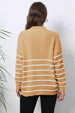 Heartwarming Mock Neck Striped Half Zip Sweater - MXSTUDIO.COM