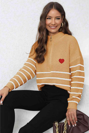 Heartwarming Mock Neck Striped Half Zip Sweater - MXSTUDIO.COM