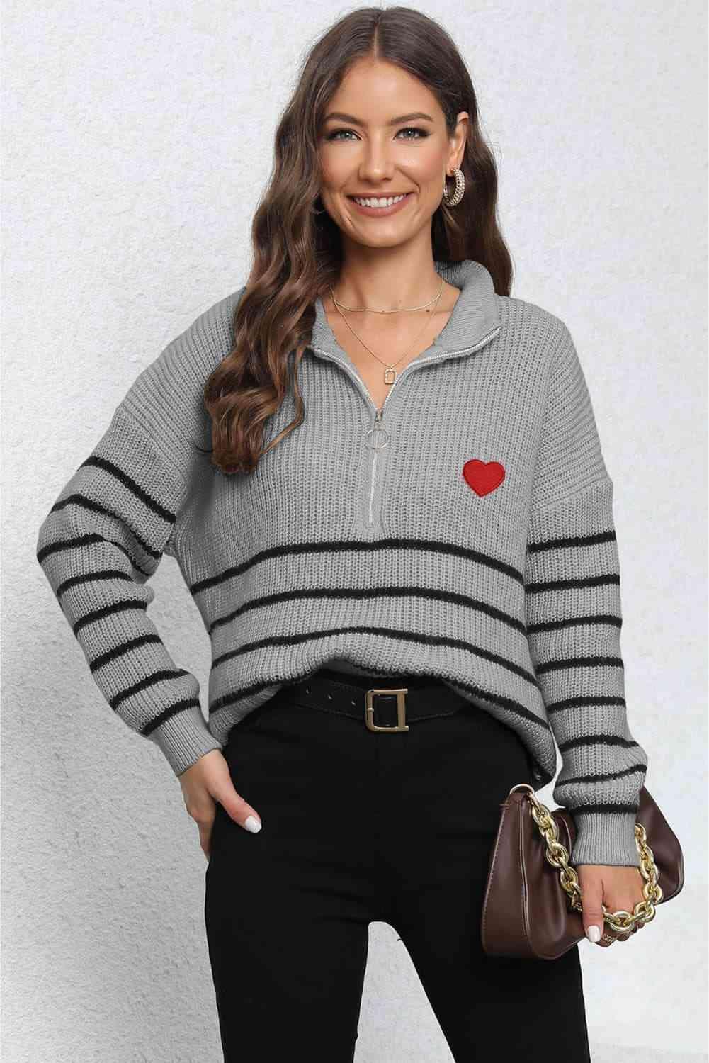 Heartwarming Mock Neck Striped Half Zip Sweater - MXSTUDIO.COM
