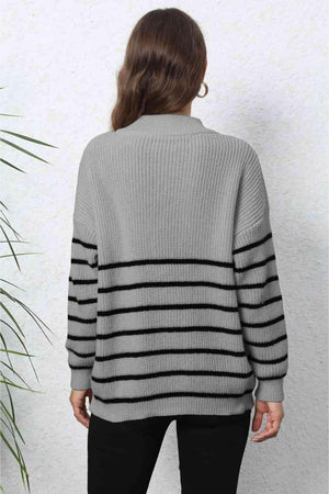 Heartwarming Mock Neck Striped Half Zip Sweater - MXSTUDIO.COM