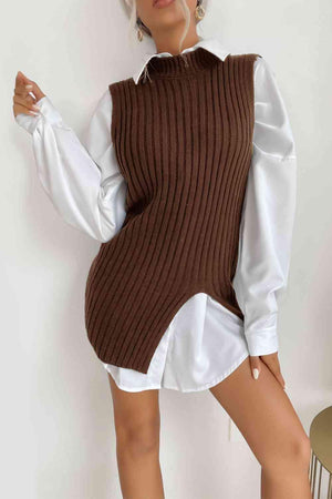 a woman in a brown and white sweater dress
