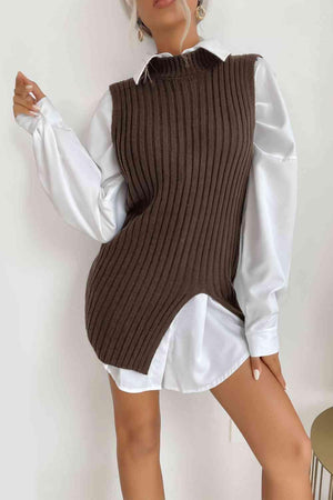a woman wearing a brown sweater and white shirt