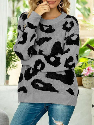 Heather Gray Knit Leopard Print Sweater-MXSTUDIO.COM