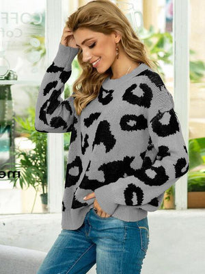 Heather Gray Knit Leopard Print Sweater-MXSTUDIO.COM