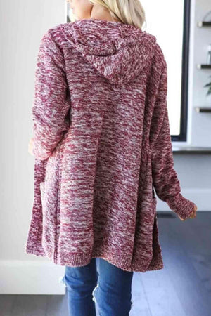 Heathered Open Front Long Hooded Cardigan-MXSTUDIO.COM