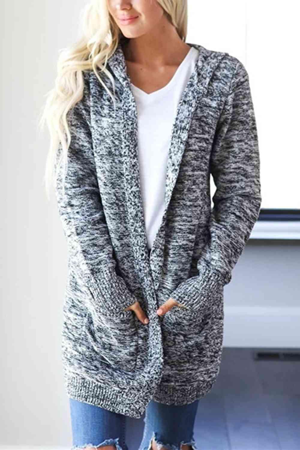 Heathered Open Front Long Hooded Cardigan-MXSTUDIO.COM