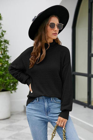 Hello Fall Long Sleeve Knit Mock Neck Sweater-MXSTUDIO.COM