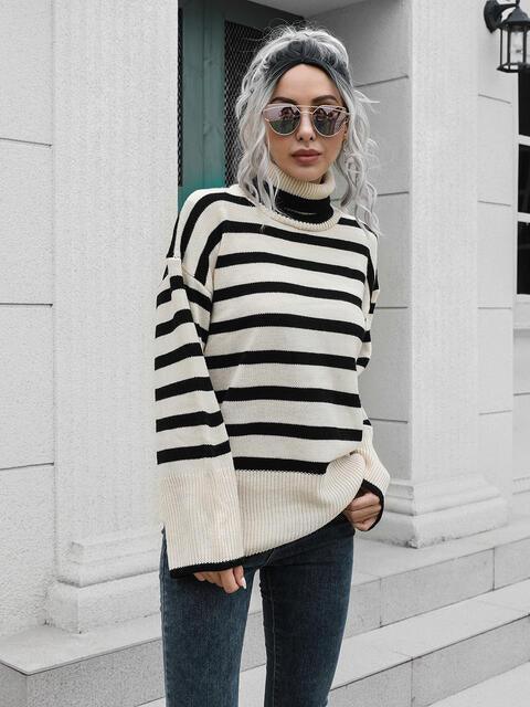 Hello Fall Slit Turtle Neck Striped Sweater - MXSTUDIO.COM