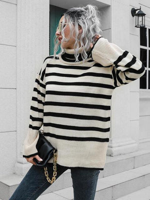 Hello Fall Slit Turtle Neck Striped Sweater - MXSTUDIO.COM