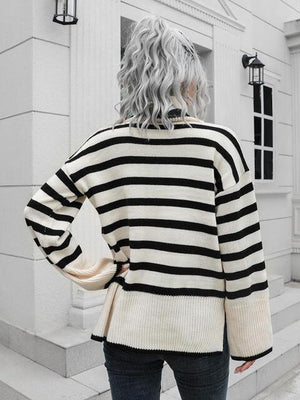 Hello Fall Slit Turtle Neck Striped Sweater - MXSTUDIO.COM