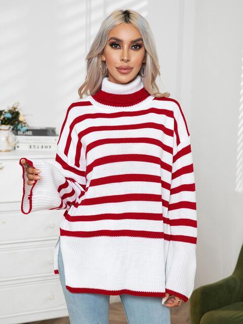 Hello Fall Slit Turtle Neck Striped Sweater - MXSTUDIO.COM