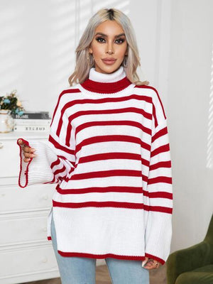 Hello Fall Slit Turtle Neck Striped Sweater - MXSTUDIO.COM