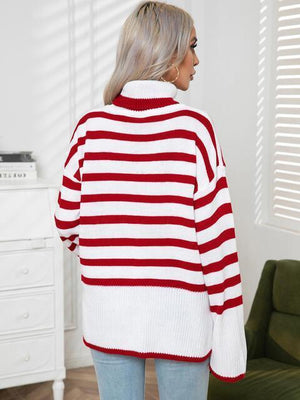 Hello Fall Slit Turtle Neck Striped Sweater - MXSTUDIO.COM