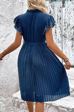 Hello Love Flutter Sleeve Belted Pleated Midi Dress - MXSTUDIO.COM