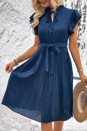 Hello Love Flutter Sleeve Belted Pleated Midi Dress - MXSTUDIO.COM