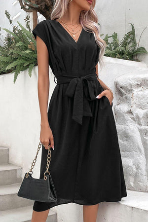High-Class Tie Belt Black Cap Sleeve Midi Dress - MXSTUDIO.COM