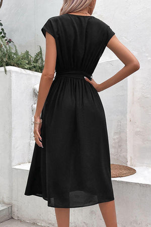 High-Class Tie Belt Black Cap Sleeve Midi Dress - MXSTUDIO.COM