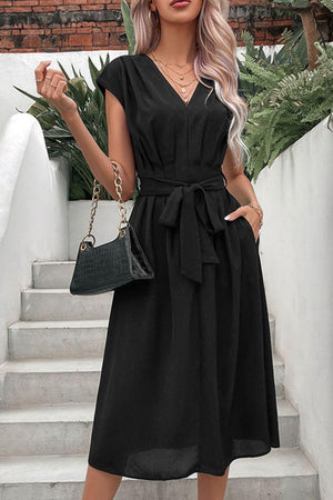 High-Class Tie Belt Black Cap Sleeve Midi Dress - MXSTUDIO.COM