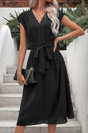 High-Class Tie Belt Black Cap Sleeve Midi Dress - MXSTUDIO.COM