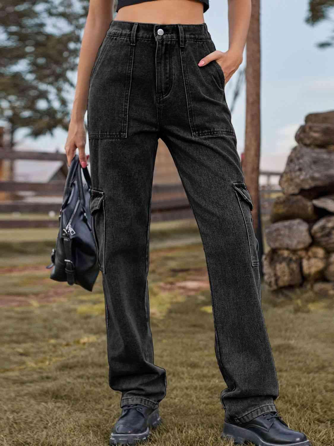 High Waist Straight Leg Cargo Pants Jeans - MXSTUDIO.COM