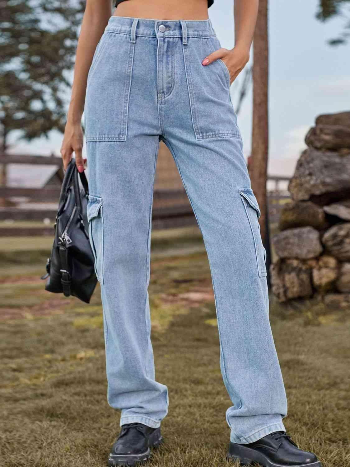 High Waist Straight Leg Cargo Pants Jeans - MXSTUDIO.COM
