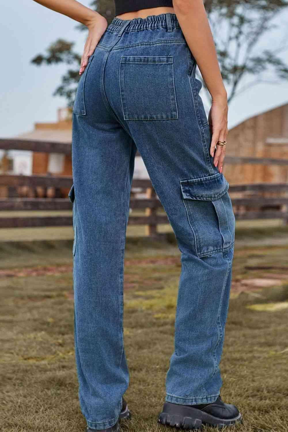 High Waist Straight Leg Loose Fit Cargo Jeans - MXSTUDIO.COM