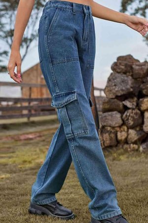 High Waist Straight Leg Loose Fit Cargo Jeans - MXSTUDIO.COM