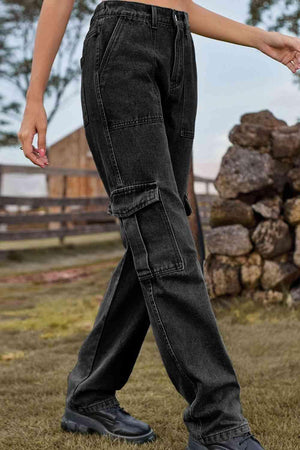 High Waist Straight Leg Loose Fit Cargo Jeans - MXSTUDIO.COM