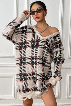 Homey Feels Distressed Plaid Sweater Dress-MXSTUDIO.COM