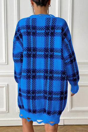 Homey Feels Distressed Plaid Sweater Dress-MXSTUDIO.COM
