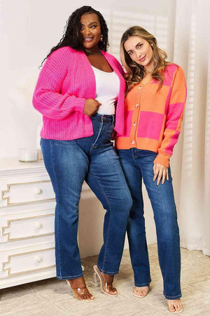 Hot Pink Open Front Ribbed Knit Cardigan-MXSTUDIO.COM