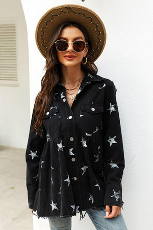 Ideal Cover Raw Hem Star Print Jacket - MXSTUDIO.COM