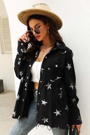 Ideal Cover Raw Hem Star Print Jacket - MXSTUDIO.COM