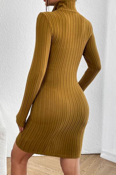 a woman in a brown turtle neck sweater dress