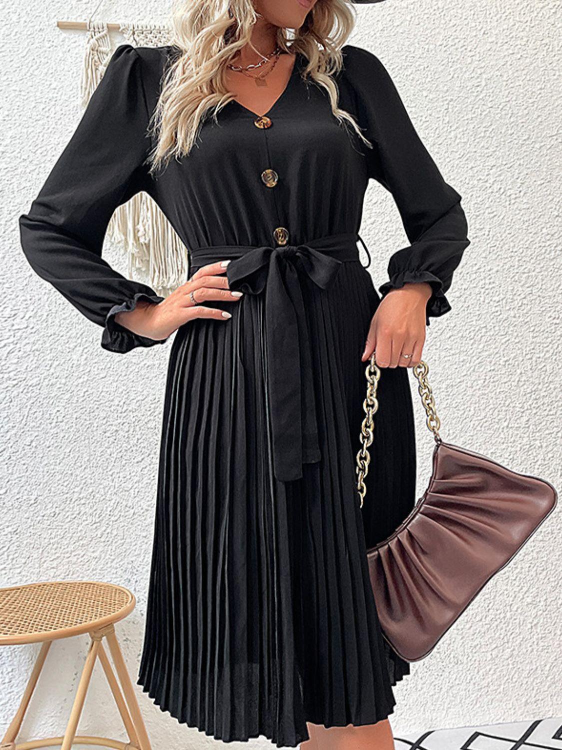 In Control Black Puff Sleeve Pleated Dress - MXSTUDIO.COM