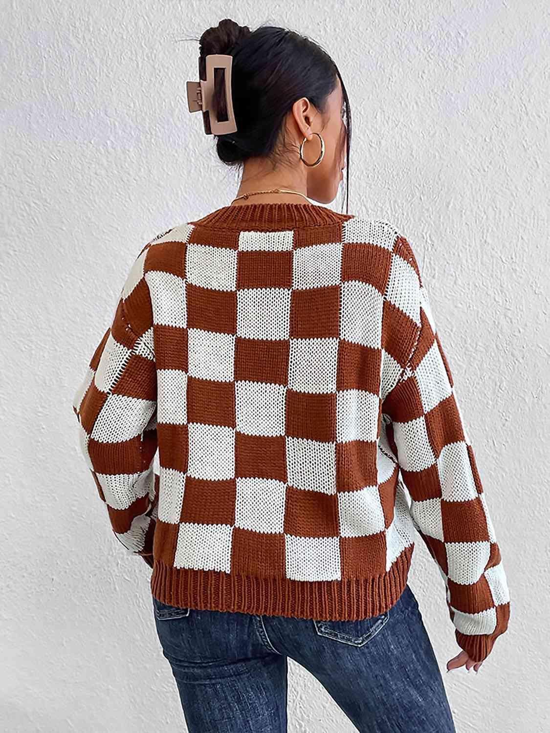 Infinitely Fashionable Crew Neck Checkered Knit Sweater-MXSTUDIO.COM