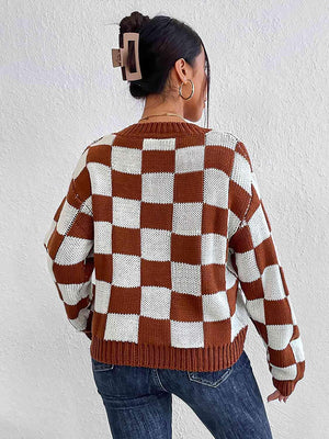 Infinitely Fashionable Crew Neck Checkered Knit Sweater-MXSTUDIO.COM