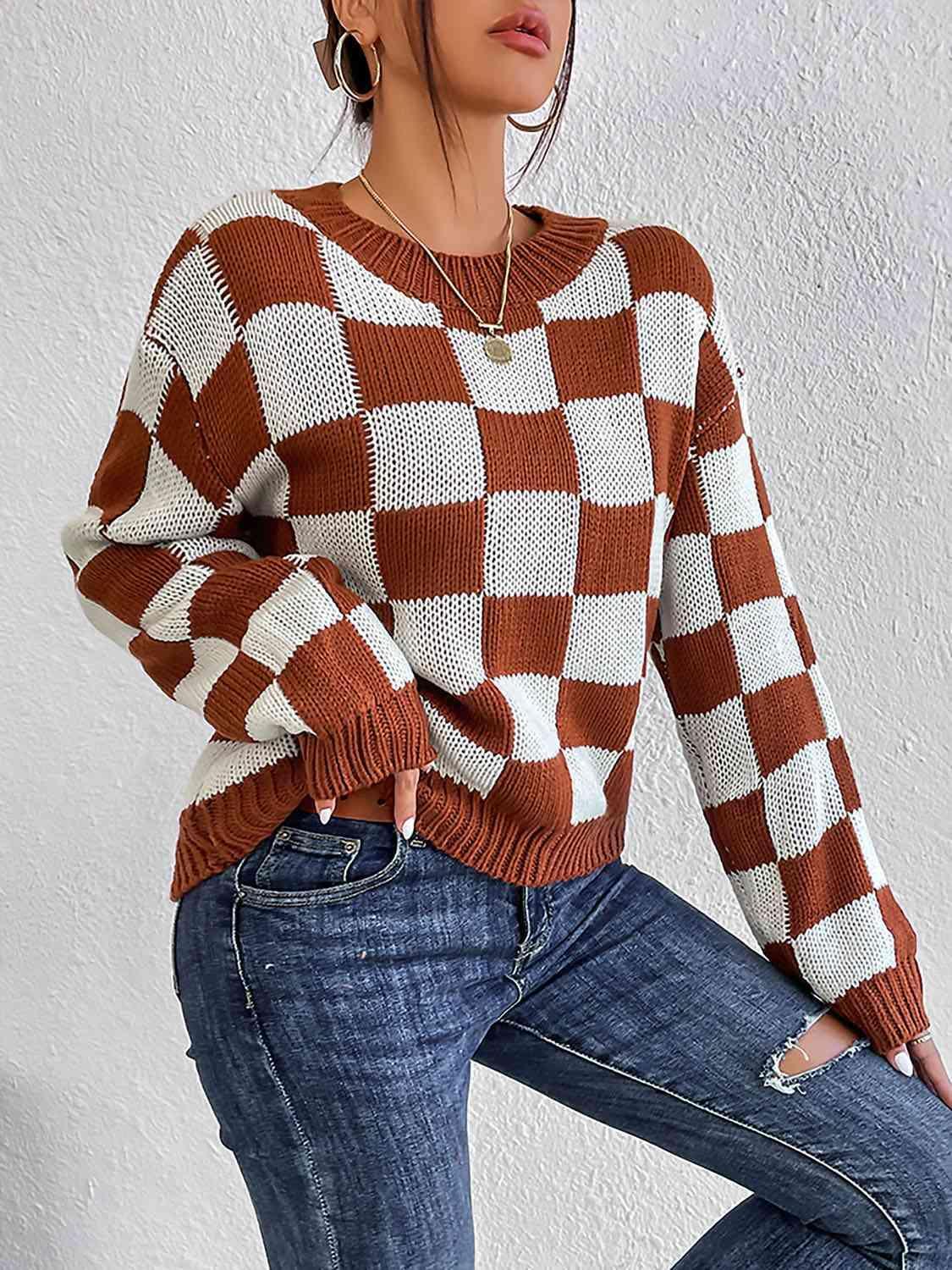 Infinitely Fashionable Crew Neck Checkered Knit Sweater-MXSTUDIO.COM