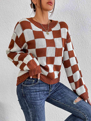 Infinitely Fashionable Crew Neck Checkered Knit Sweater-MXSTUDIO.COM