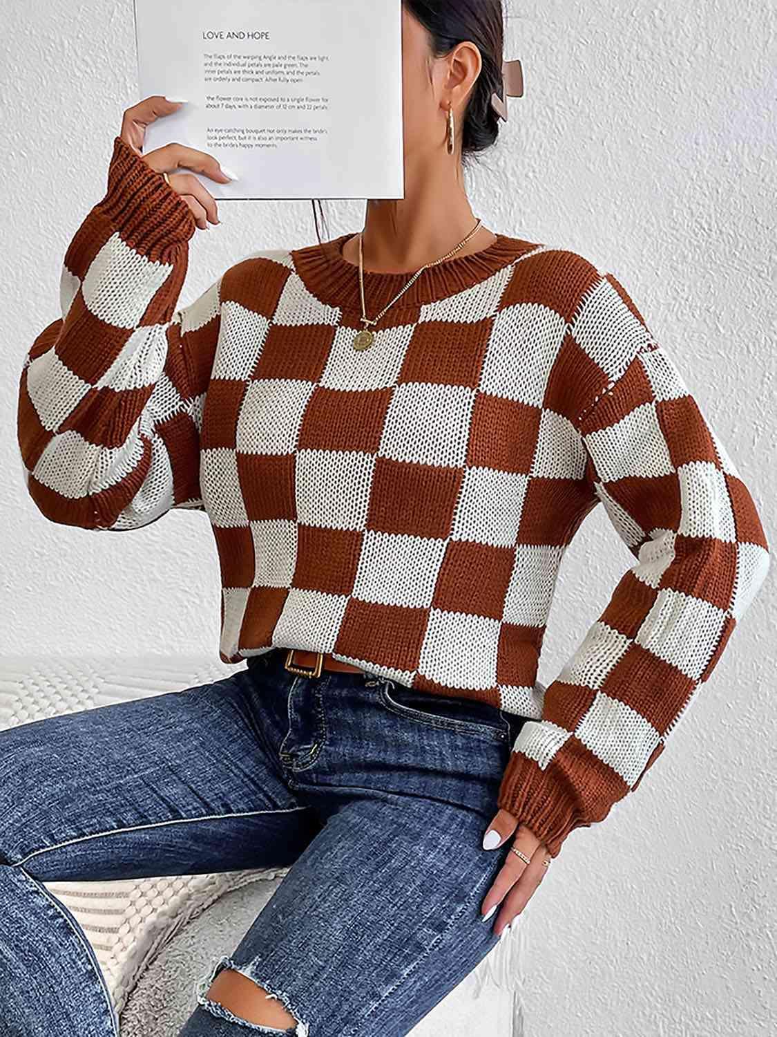Infinitely Fashionable Crew Neck Checkered Knit Sweater-MXSTUDIO.COM