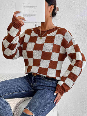 Infinitely Fashionable Crew Neck Checkered Knit Sweater-MXSTUDIO.COM