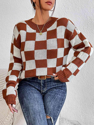 Infinitely Fashionable Crew Neck Checkered Knit Sweater-MXSTUDIO.COM