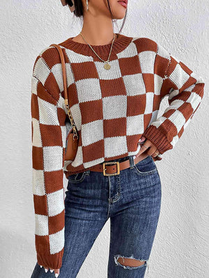Infinitely Fashionable Crew Neck Checkered Knit Sweater-MXSTUDIO.COM