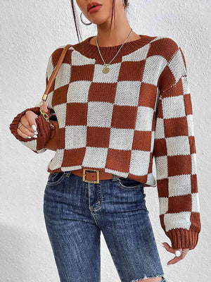 Infinitely Fashionable Crew Neck Checkered Knit Sweater-MXSTUDIO.COM