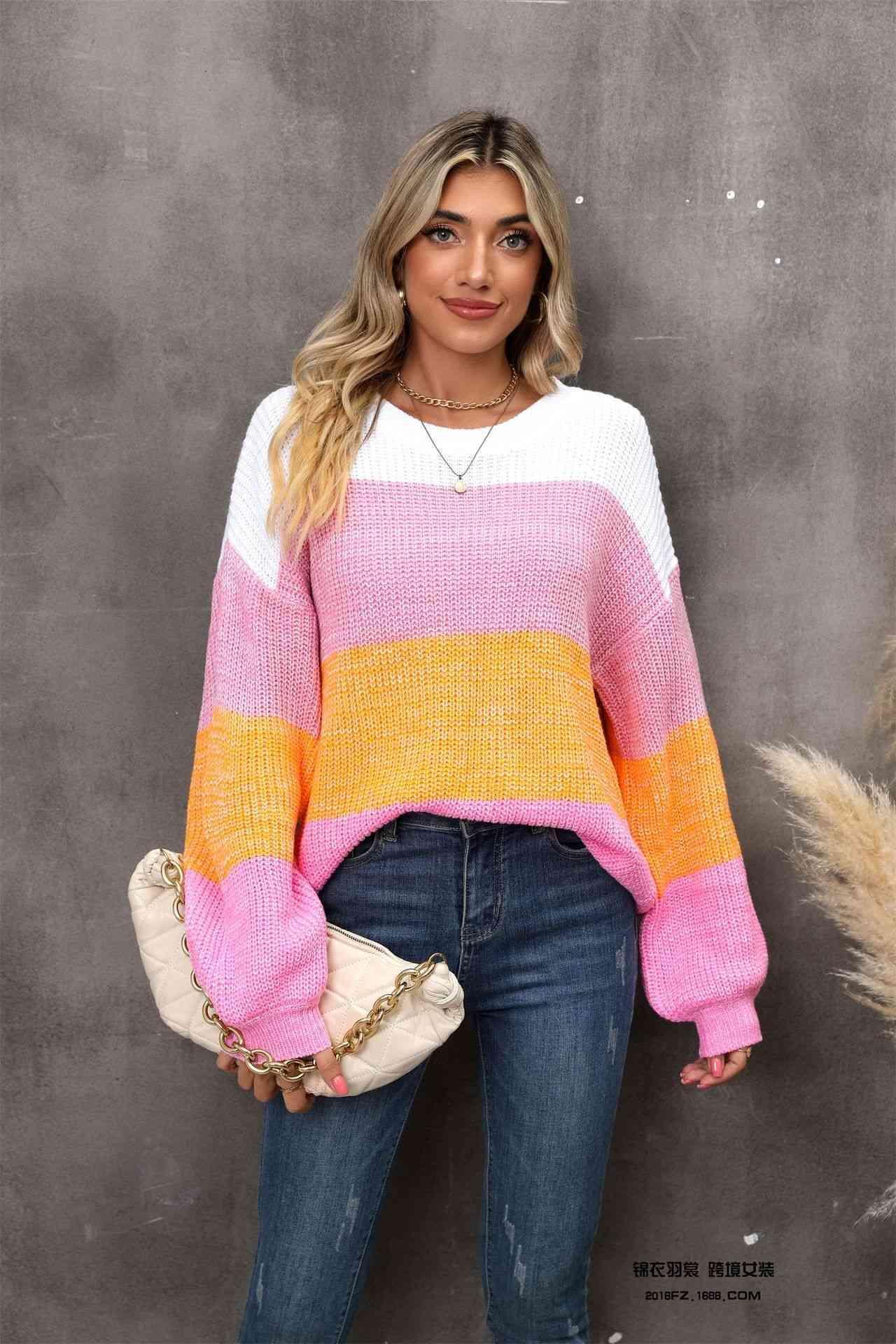Interesting Warmth Striped Balloon Sleeve Sweater - MXSTUDIO.COM