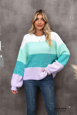 Interesting Warmth Striped Balloon Sleeve Sweater - MXSTUDIO.COM