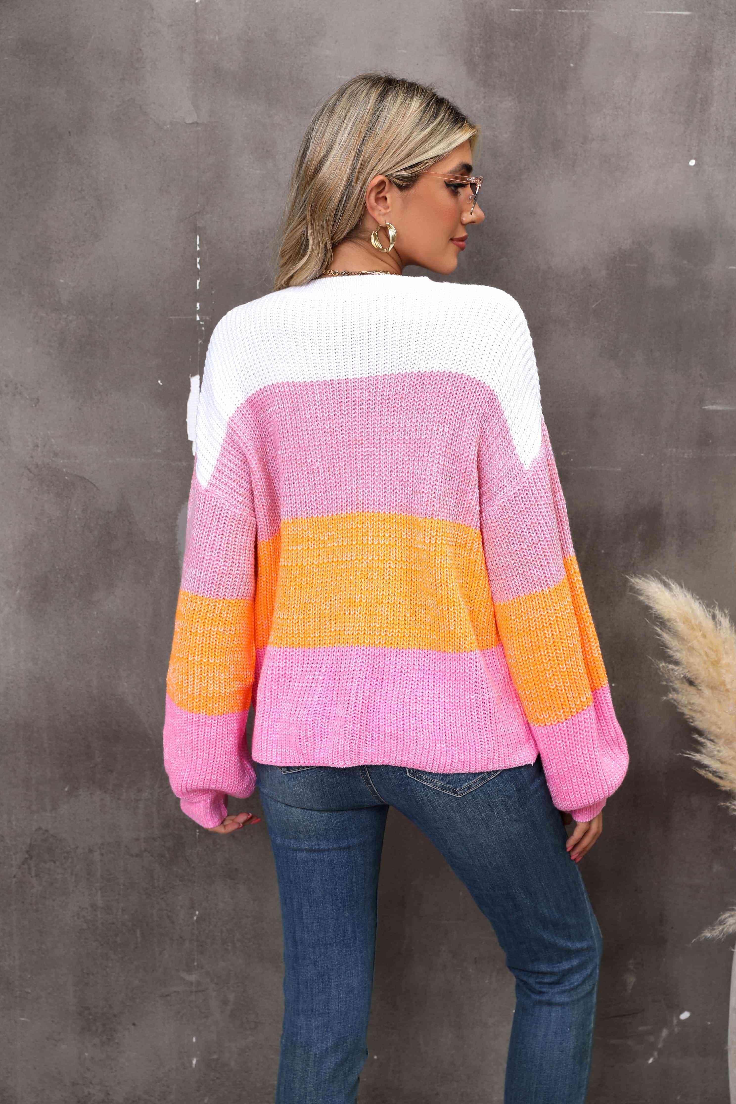 Interesting Warmth Striped Balloon Sleeve Sweater - MXSTUDIO.COM