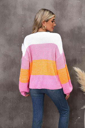 Interesting Warmth Striped Balloon Sleeve Sweater - MXSTUDIO.COM