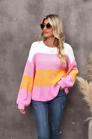 Interesting Warmth Striped Balloon Sleeve Sweater - MXSTUDIO.COM